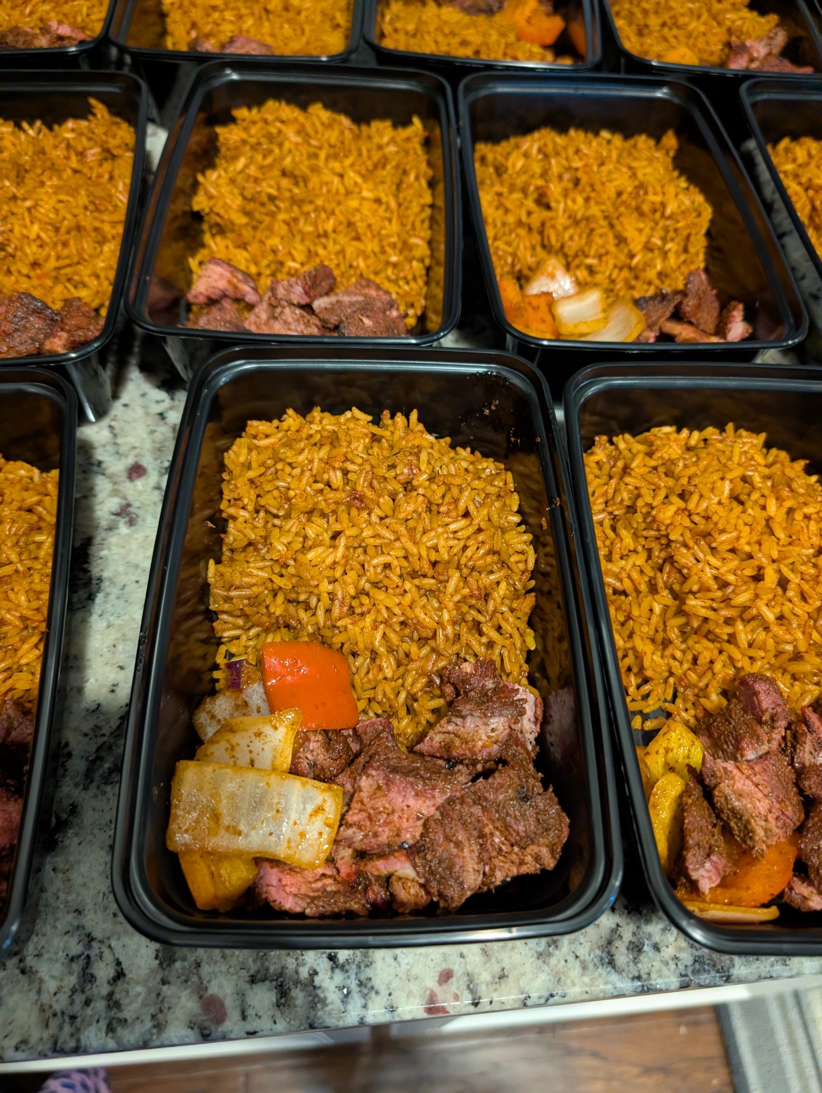 Smoked beef suya with jollof